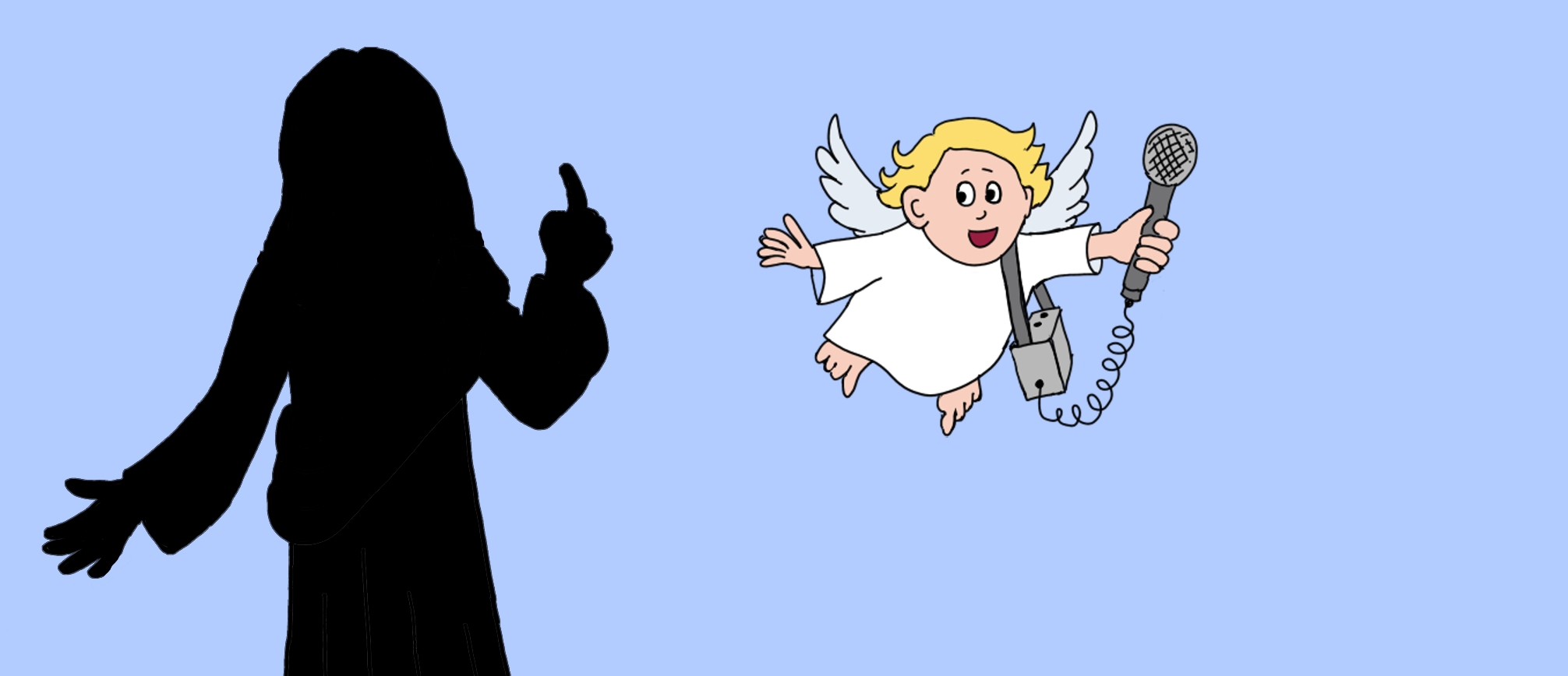 La silhouette de Jésus, et le petite ange avec un micro