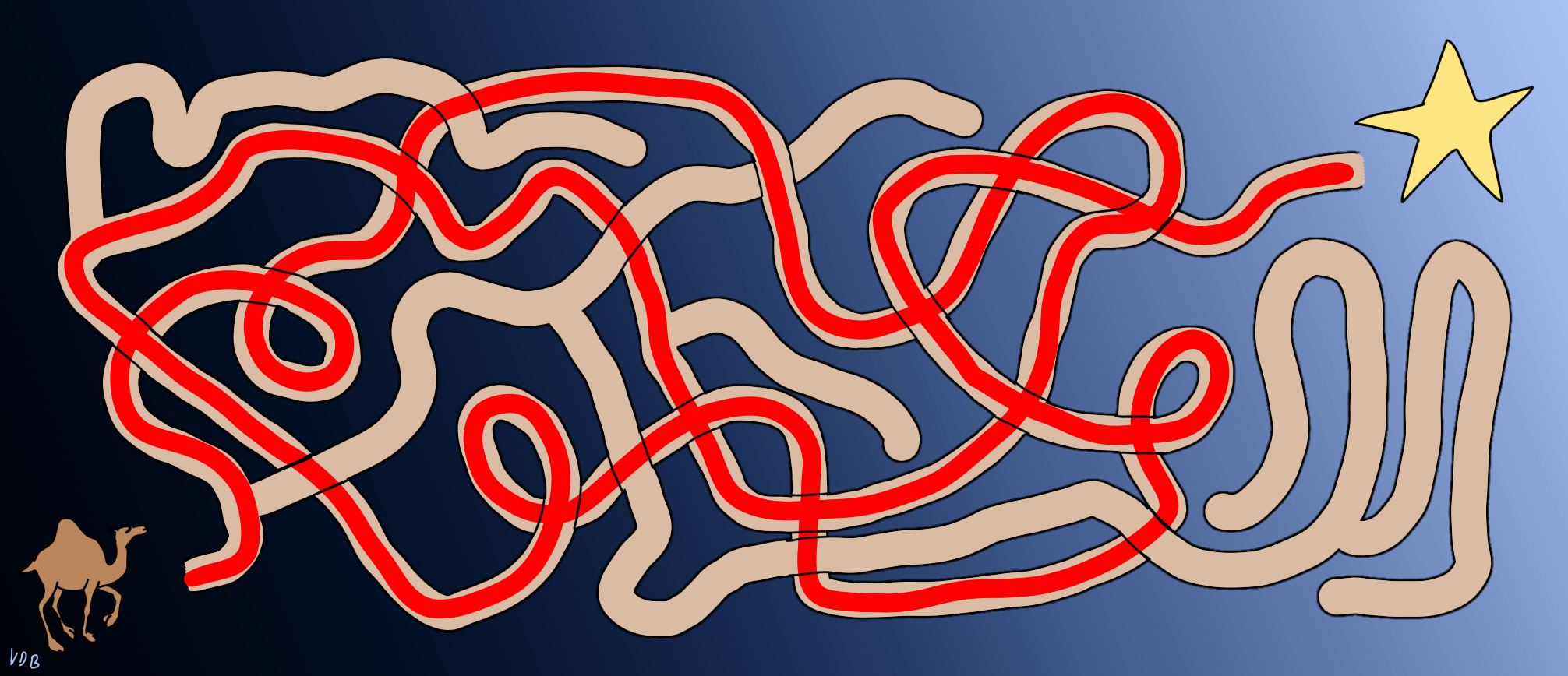 Le chemin tracé en rouge dans le labyrinthe